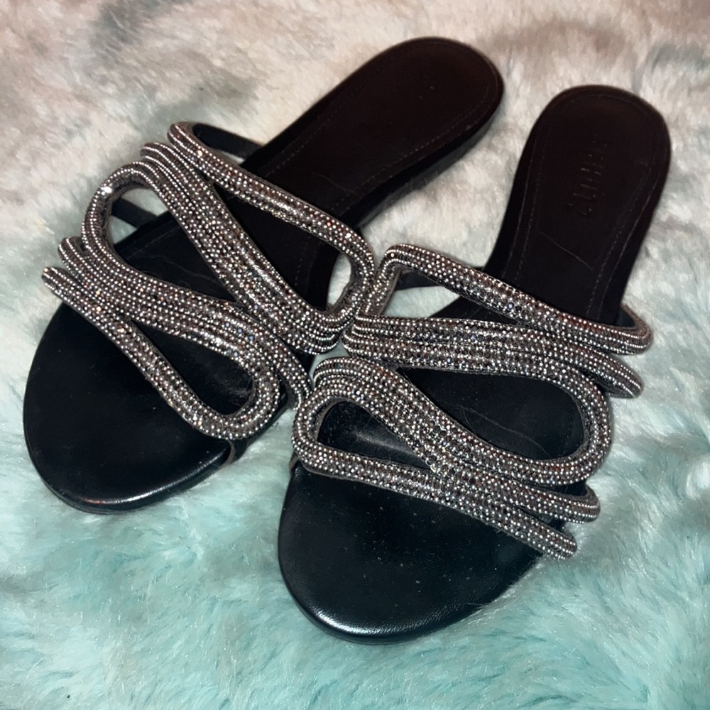Rrhinestones leather Schutz flat slides sz 9.